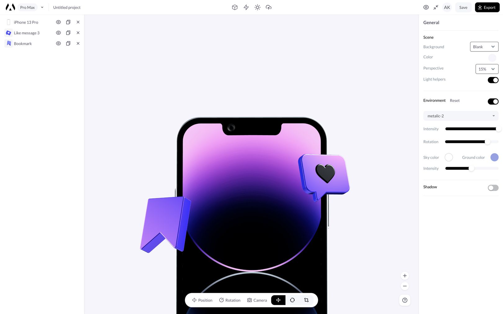 Free and browser-based 3D design tool. Create 3D scenes and visuals in the quick and engaging way. Device mockups, branding mockups, clothing mockups and 3D icons.